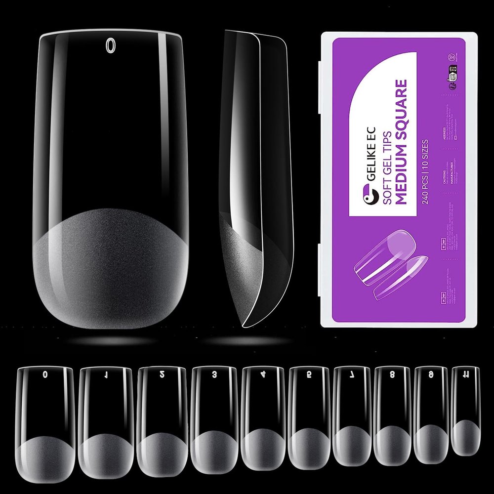 Gelike EC Soft Gel Nail Tips Kit for Soak Off Nail Extensions,Full Cover,Square Shaped,Pre-Buff PMMA Resin,Clear Ultra-Thin Design,10 Sizes,240 Pieces,Medium Square