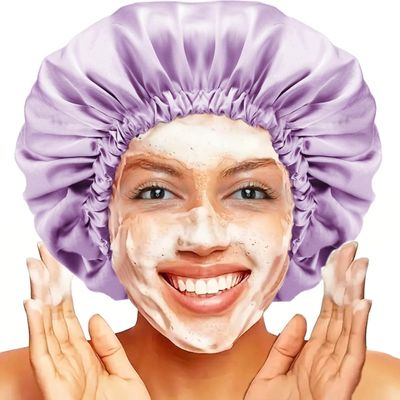 Shower cap for women,Luxury Silk Lined Shower Cap, Machine Washable, Adjustable Size & Reusable,Large Satin Shower Cap for all hair-purple
