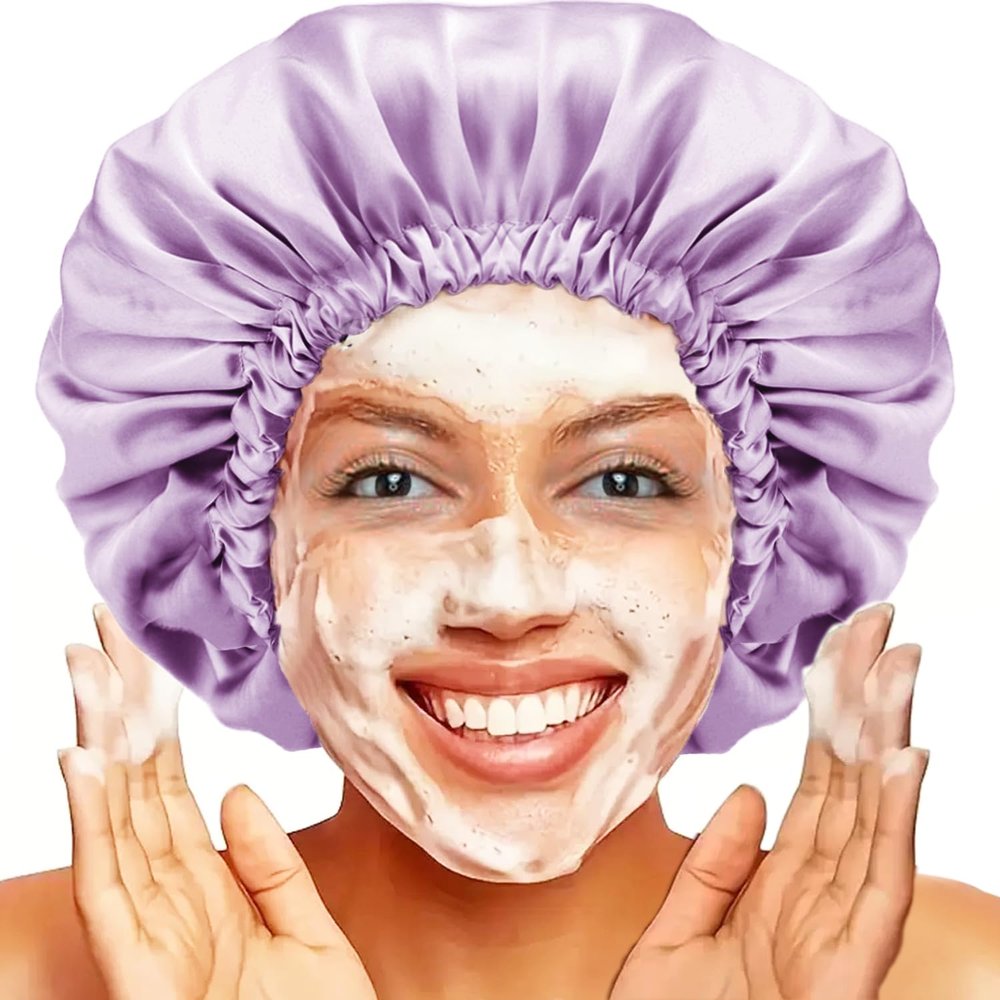 Shower cap for women,Luxury Silk Lined Shower Cap, Machine Washable, Adjustable Size & Reusable,Large Satin Shower Cap for all hair-purple
