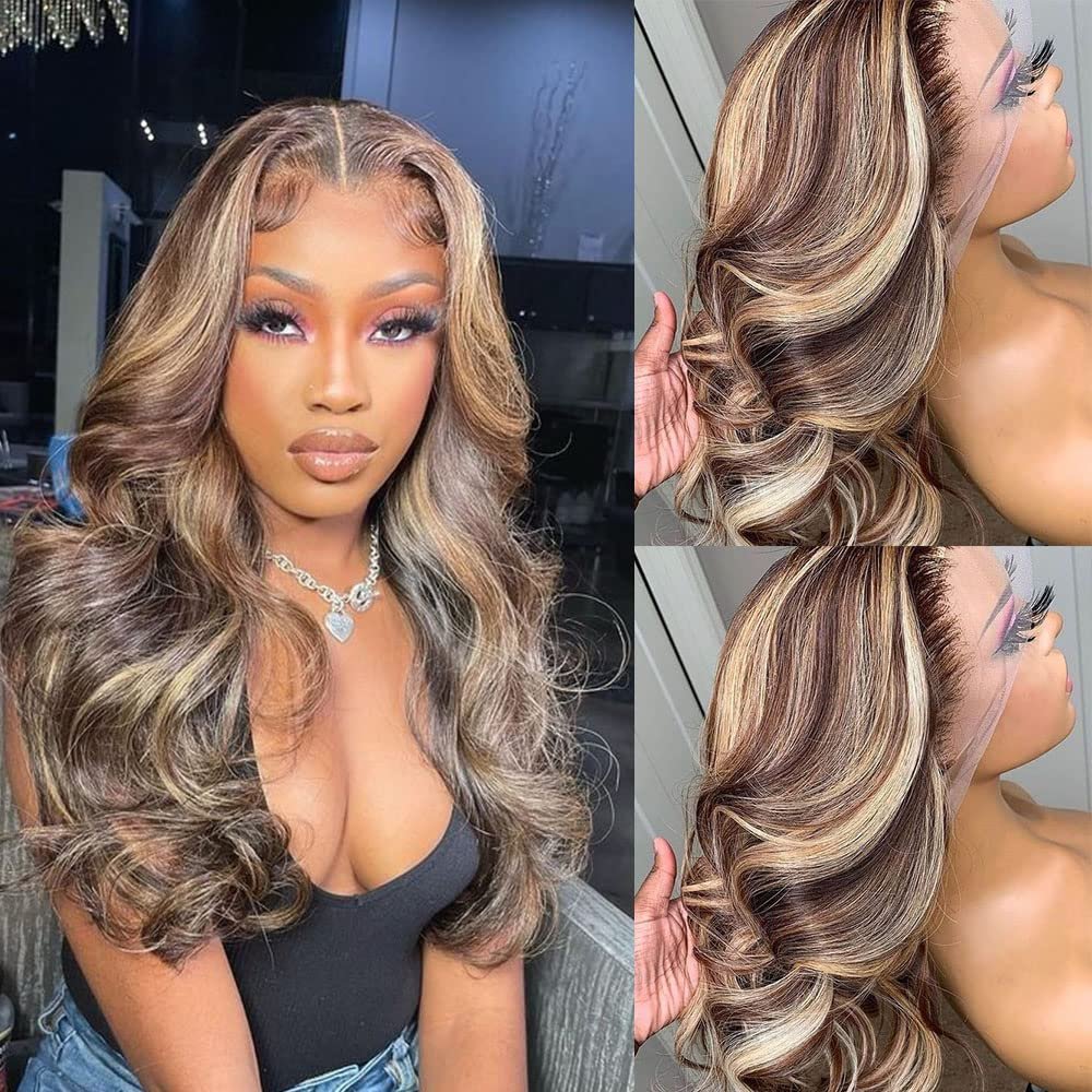13x4 ombre highlight lace front wig human hair body wave mixed color lace front wigs for black women Brazilian Remy Hair pre plucked with baby hair (18 inches 150 density)