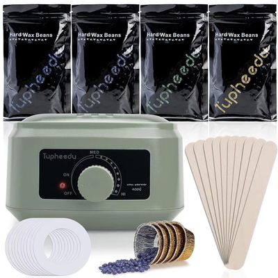 Tupheedu Waxing Warmer for Hair Removal - Painless Stripless with 4 Bags Coarse Hair Wax Beans for Women and Men, Eyebrow, Armpit, Bikini Area