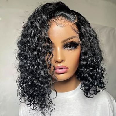 Short Bob Curly Human Hair Wig For Black Women HD Transparent Lace Front Wigs Pre Plucked With Baby Hair Brazilian Deep Wave Glueless Natural Hairline Wig Bleached Knots 150% Density 16Inch