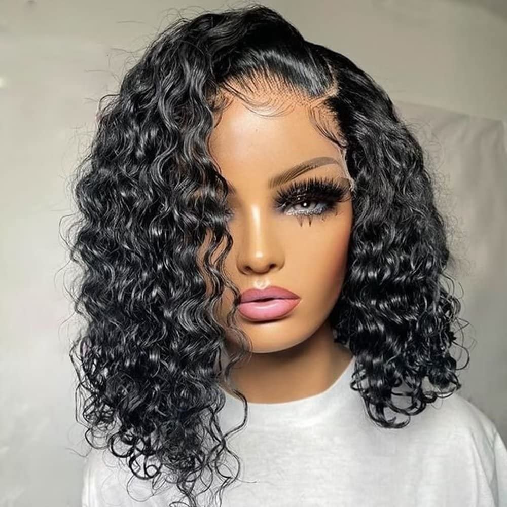 Short Bob Curly Human Hair Wig For Black Women HD Transparent Lace Front Wigs Pre Plucked With Baby Hair Brazilian Deep Wave Glueless Natural Hairline Wig Bleached Knots 150% Density 16Inch