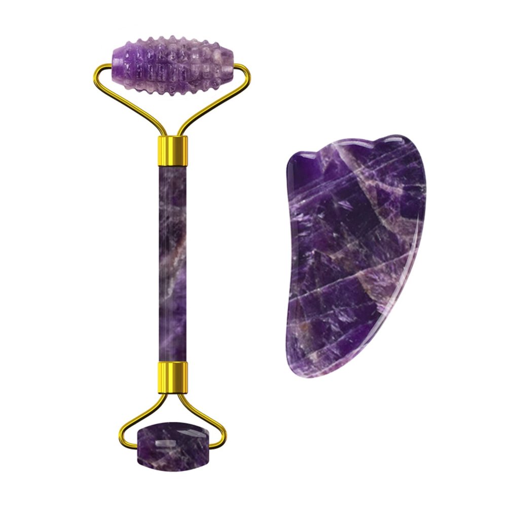 Amethyst Facial Roller Gouache Scraper for Face Lifting Eye Relax Natural Crystal Gua Sha Roller,2in-CiY-NO Box