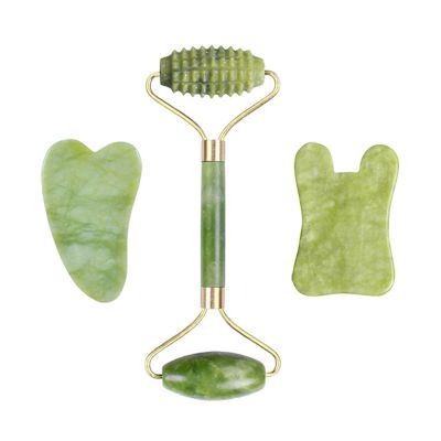 Natural Jade Stone Facial Massage Roller Gua Sha Board 3 Pcs/Set Gouache Scraper for Face Body Massager Beauty Skin Care Tools,G