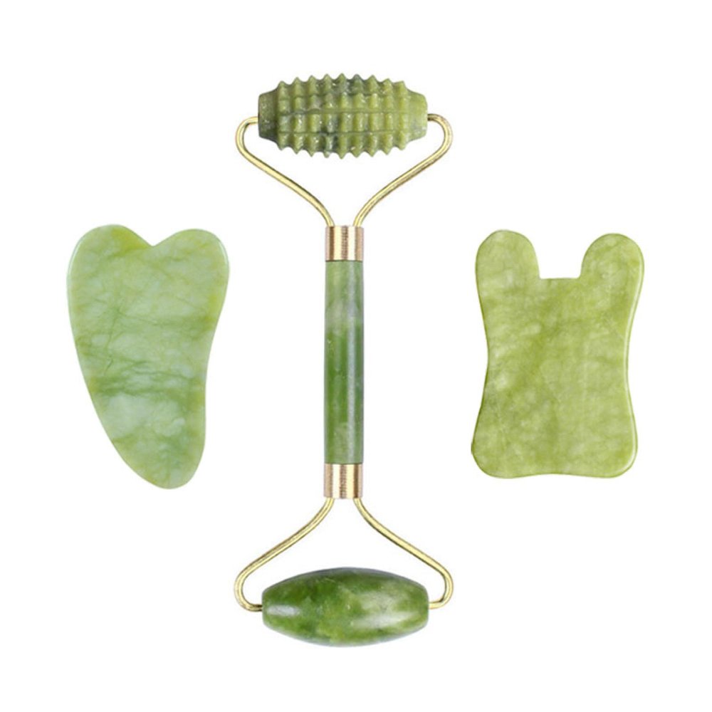 Natural Jade Stone Facial Massage Roller Gua Sha Board 3 Pcs/Set Gouache Scraper for Face Body Massager Beauty Skin Care Tools,G
