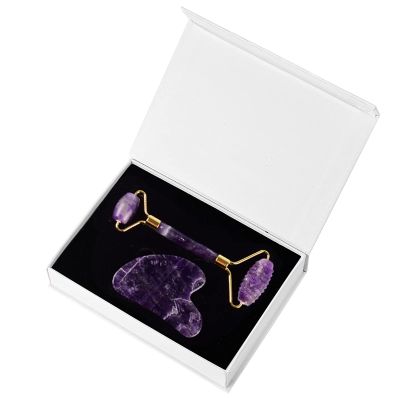 Amethyst Facial Roller Gouache Scraper for Face Lifting Eye Relax Natural Crystal Gua Sha Roller,2in-CiV-with Box