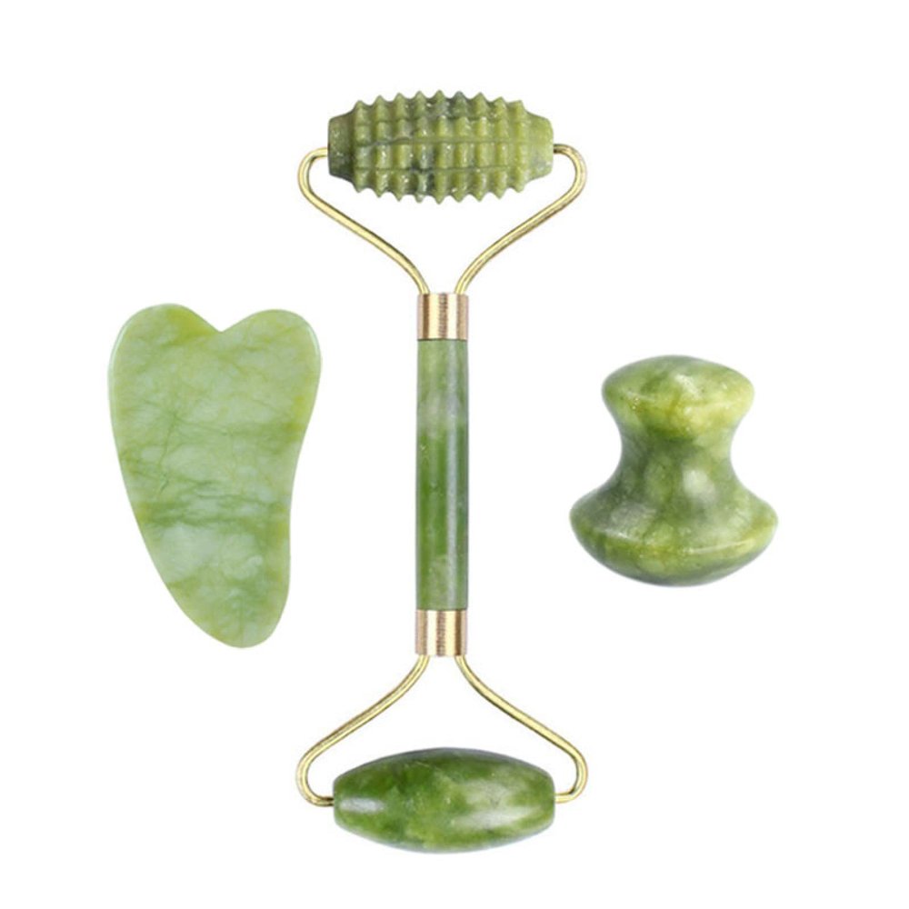 Natural Jade Stone Facial Massage Roller Gua Sha Board 3 Pcs/Set Gouache Scraper for Face Body Massager Beauty Skin Care Tools,F