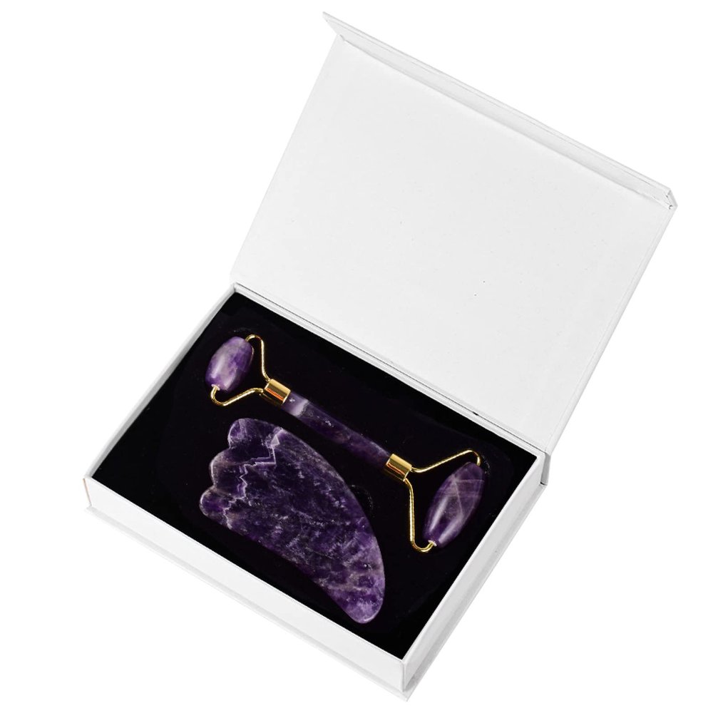 Amethyst Facial Roller Gouache Scraper for Face Lifting Eye Relax Natural Crystal Gua Sha Roller,2in-PUY-with Box