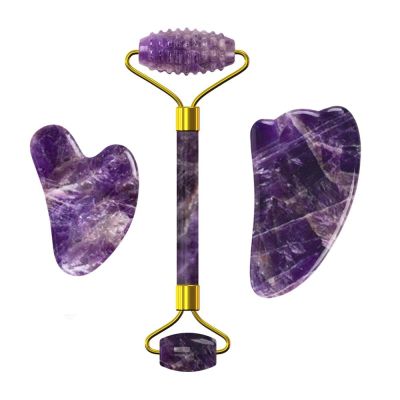 Amethyst Facial Roller Gouache Scraper for Face Lifting Eye Relax Natural Crystal Gua Sha Roller,3in1-CiVY