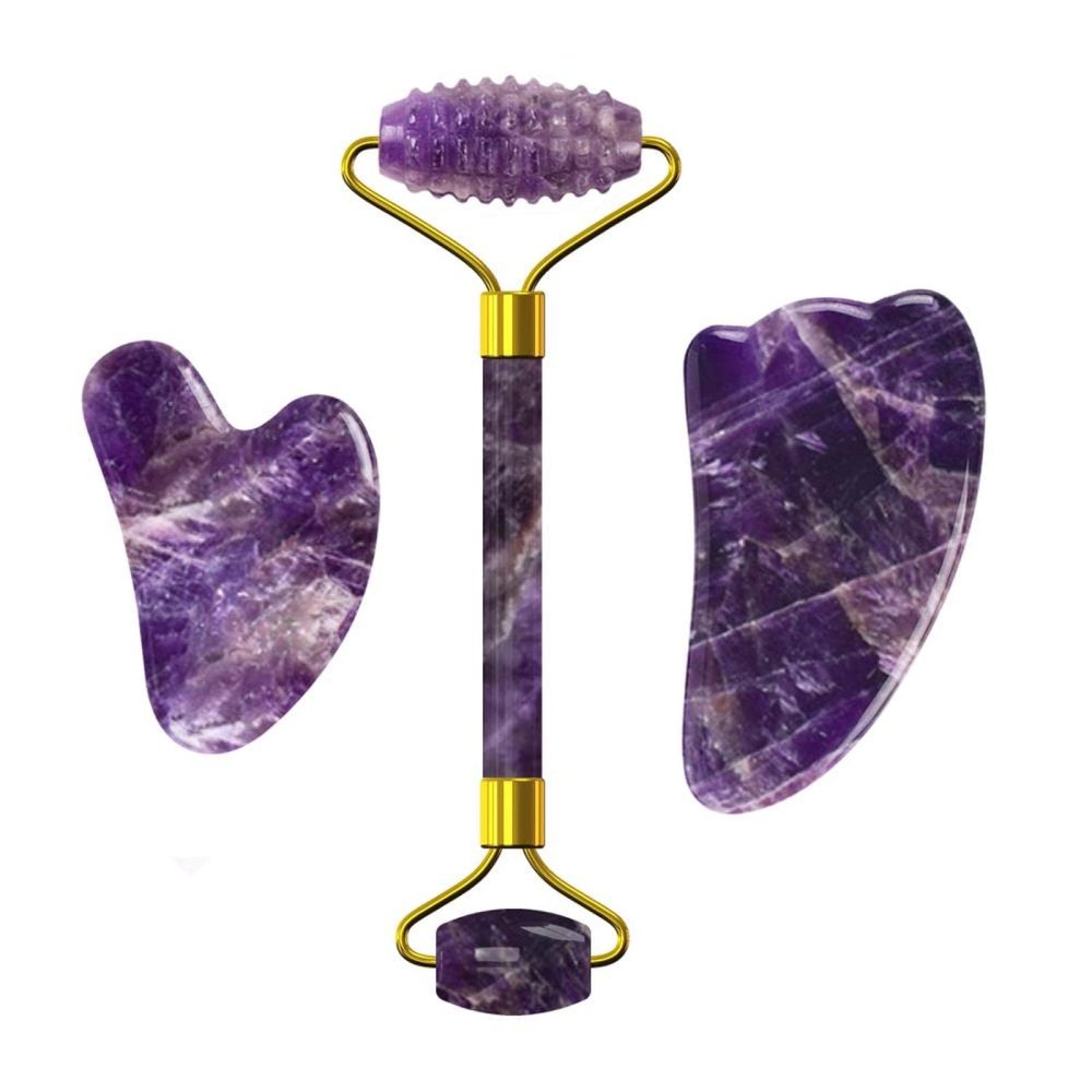 Amethyst Facial Roller Gouache Scraper for Face Lifting Eye Relax Natural Crystal Gua Sha Roller,3in1-CiVY