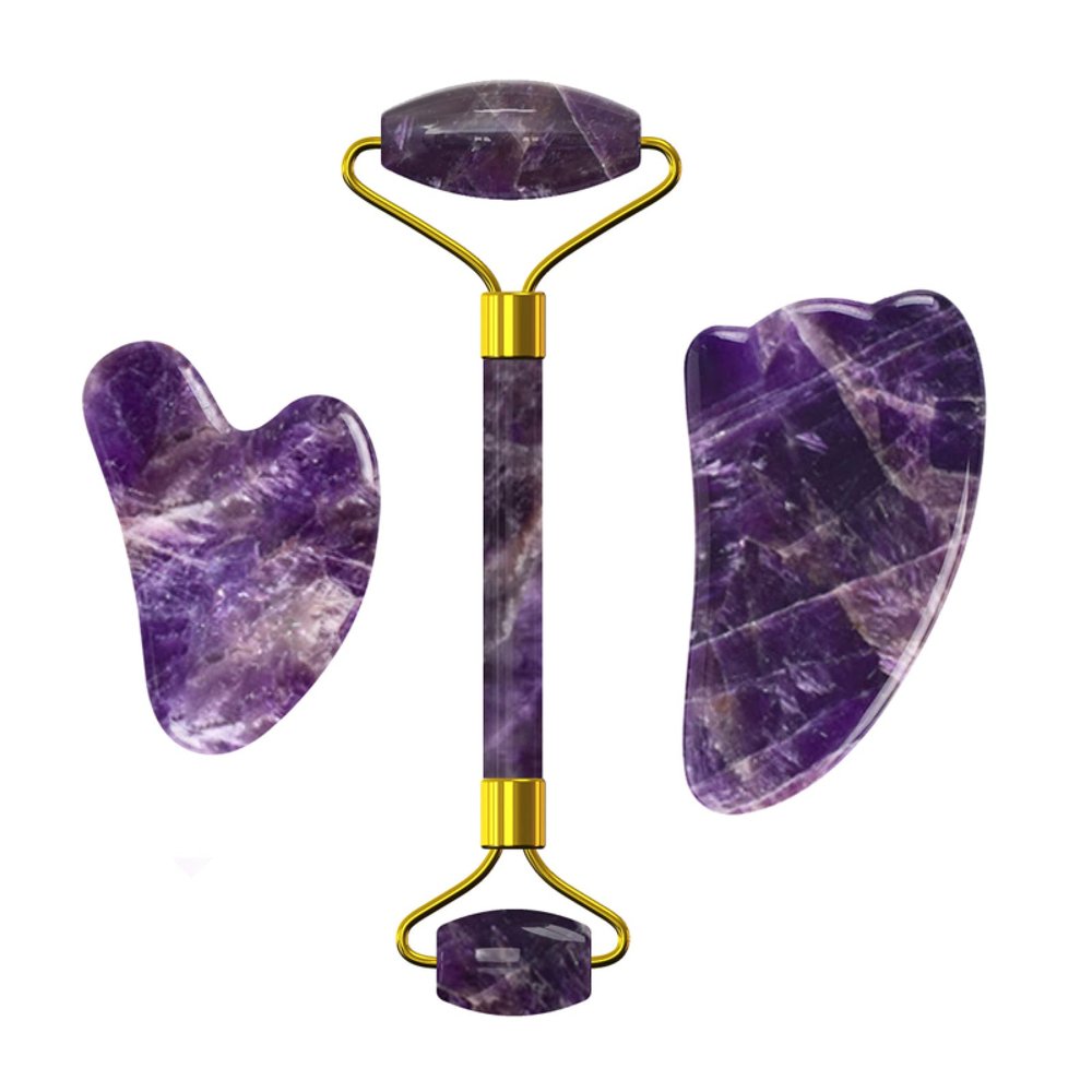Amethyst Facial Roller Gouache Scraper for Face Lifting Eye Relax Natural Crystal Gua Sha Roller,3in1-PuVY