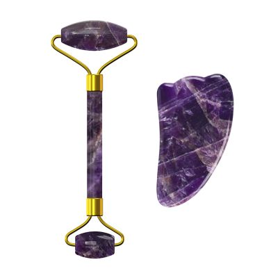 Amethyst Facial Roller Gouache Scraper for Face Lifting Eye Relax Natural Crystal Gua Sha Roller,2in-PUY-NO Box