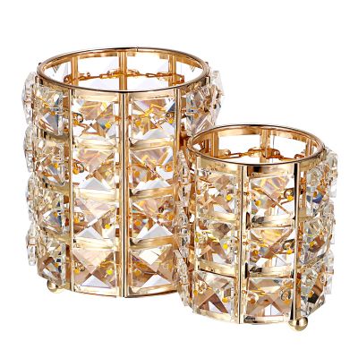 Hipiwe Makeup Brush Holder Gold Bling Crystal Makeup Brush Organizer Round Remote Control Holder Cosmetic Brush Tools Comb Pen Pencil Storage Pot Cup for Vanity, Office, Home Decor, 2-Slot
