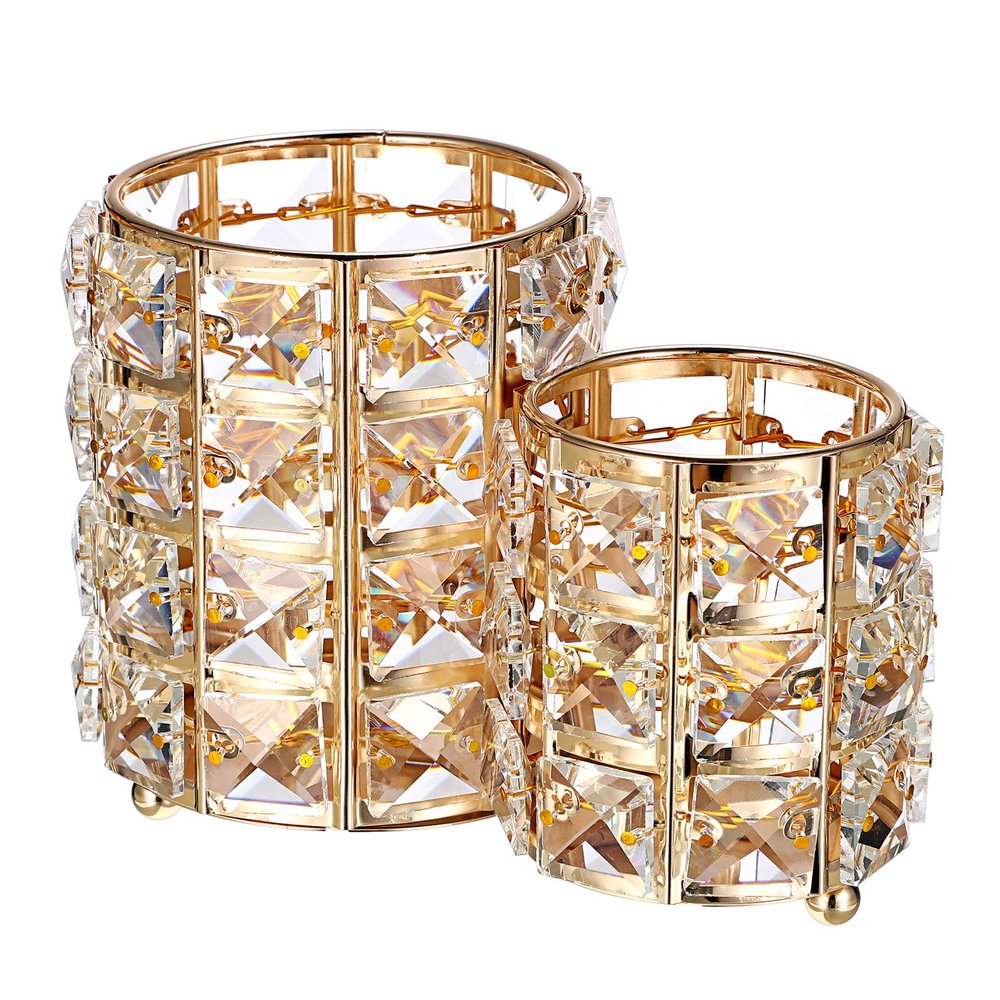 Hipiwe Makeup Brush Holder Gold Bling Crystal Makeup Brush Organizer Round Remote Control Holder Cosmetic Brush Tools Comb Pen Pencil Storage Pot Cup for Vanity, Office, Home Decor, 2-Slot