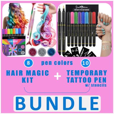 Jim&Gloria Dustless Hair Chalk Include Hair Extensions Mermaid Brushes Glitters Set of 17 Plus Temporary Fake Tattoo Pen 10 Colors With Gold and Silver colors