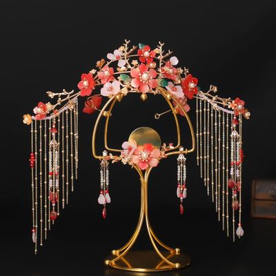 Wedding Hair Sticks Kit, Chinese Traditional Bridal Crown with Luxurious Beads Pearl Pendant Phoenix Decoration Classical Earring Hair Accessories Headpiece (Style 6)