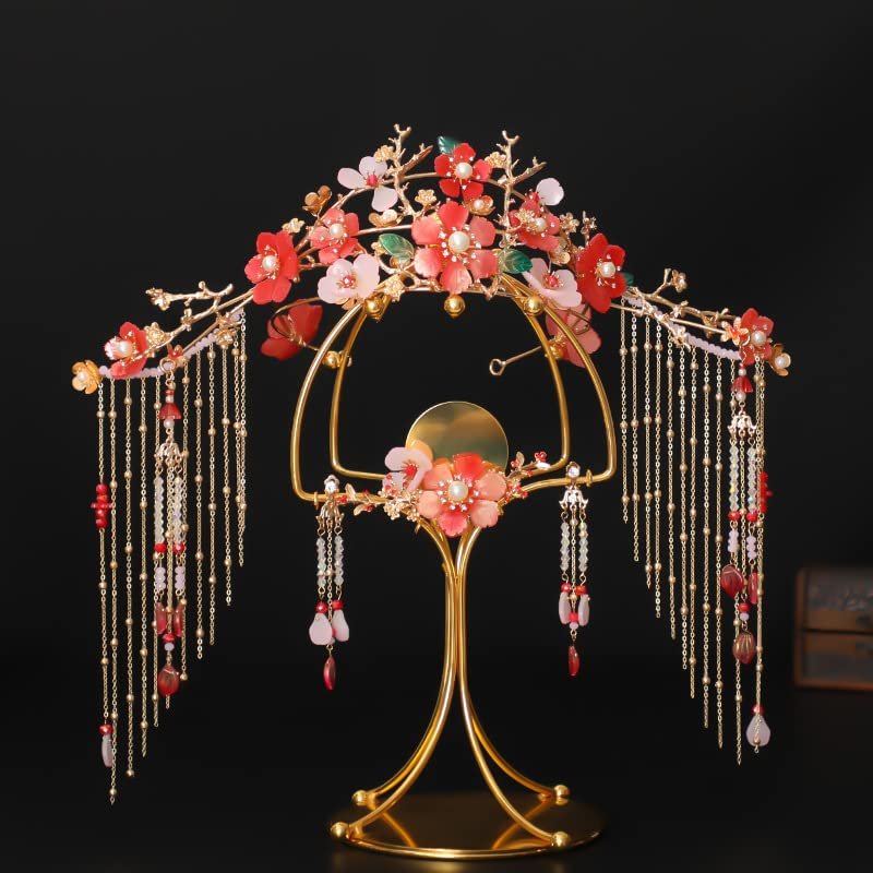 Wedding Hair Sticks Kit, Chinese Traditional Bridal Crown with Luxurious Beads Pearl Pendant Phoenix Decoration Classical Earring Hair Accessories Headpiece (Style 6)