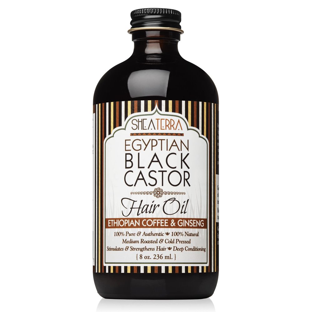 Shea Terra Organics 100 Percent Pure Egyptian Black Castor Extra Virgin Oil  Ethiopian Coffee Ginseng | All-Natural Strengthening and Conditioning Hair Oil for Healthy Hair Growth and Scalp 8 oz