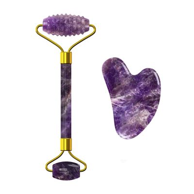 Amethyst Facial Roller Gouache Scraper for Face Lifting Eye Relax Natural Crystal Gua Sha Roller,2in-CiV-NO Box