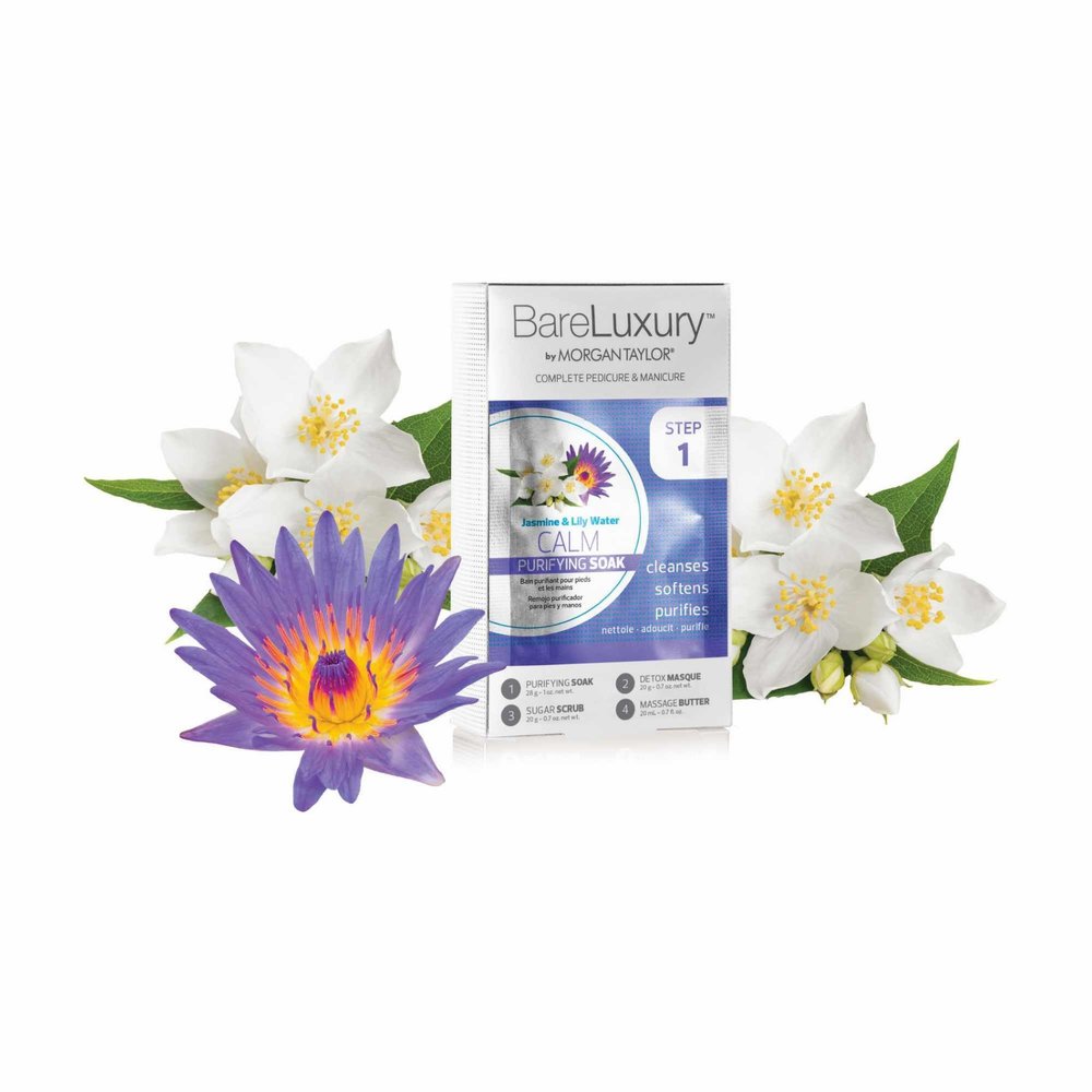 Morgan Taylor BareLuxury 4-Step Complete Pedicure & Manicure Packs (Calm Jasmine & Lily Water) - Complete Nail Care Kit with Soak, Masque, Scrub & Massage Butter, Professional Spa-Quality Treatments.