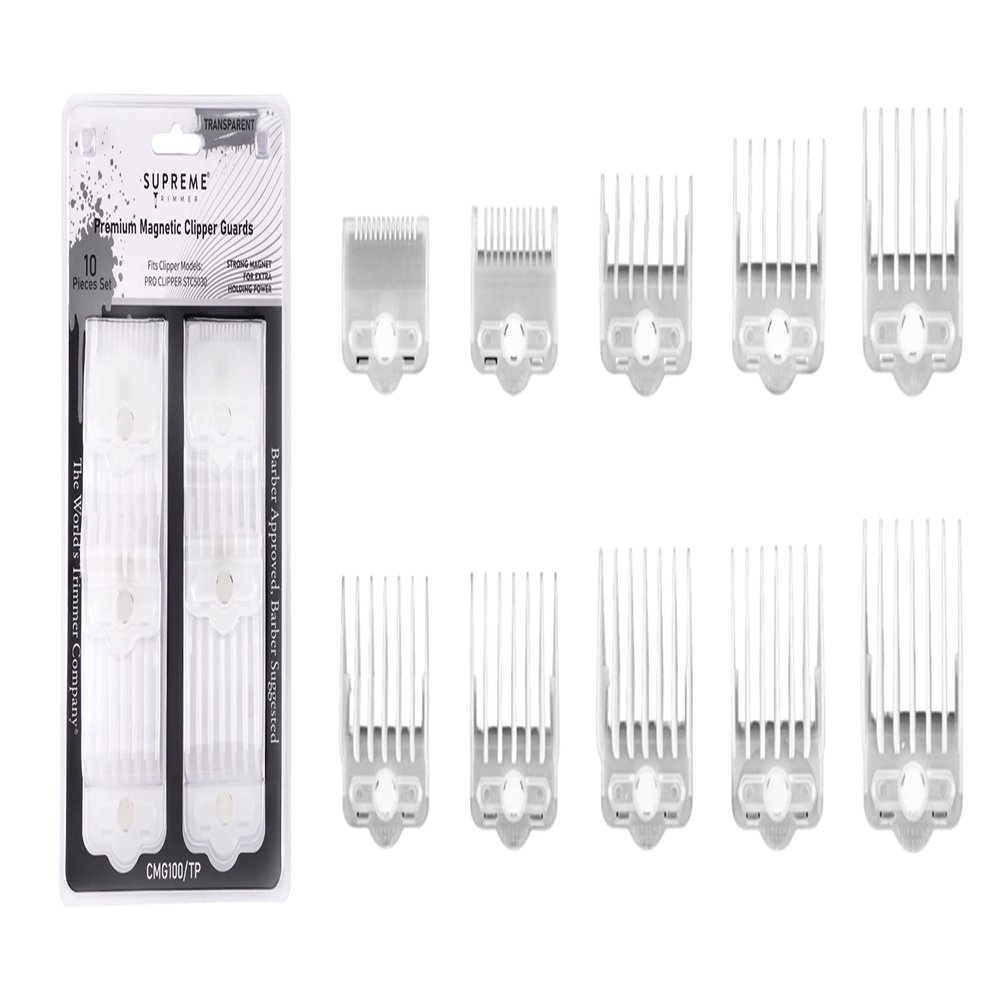 Supreme Trimmer Magnetic Guide Combs for Clippers | CMG100 Hair Clipper Guards, 10 Cutting Lengths | Frosted Transparent