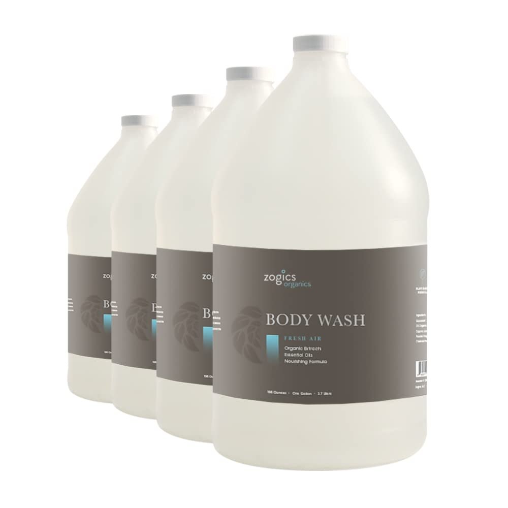Zogics Organics Body Wash Moisturizing Body Wash for Men and Women, Plant-Based Formula Made with Essential Oils & Goat Milk, Great as Body Wash Refill in Facilities (Fresh Air Scent, 4 Gallon Case)