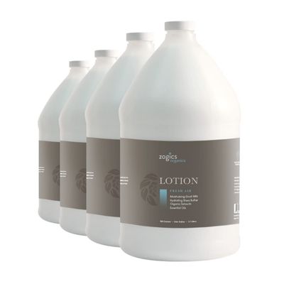 Zogics Organics Body Lotion  Hydrating Body Lotion for Women and Men, Made with Essential Oils and Goats Milk, Great for Refillable Lotion (Fresh Air Scent, 4 Gallon Case)
