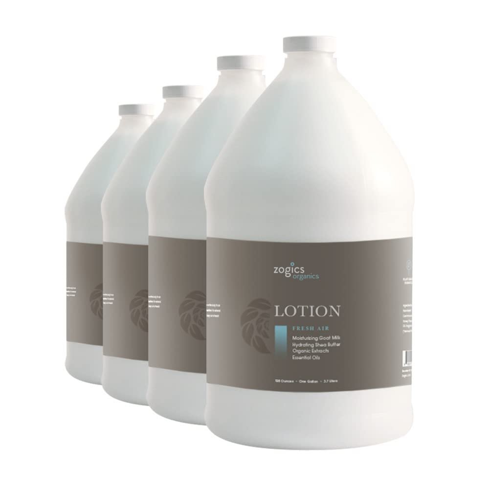 Zogics Organics Body Lotion  Hydrating Body Lotion for Women and Men, Made with Essential Oils and Goats Milk, Great for Refillable Lotion (Fresh Air Scent, 4 Gallon Case)