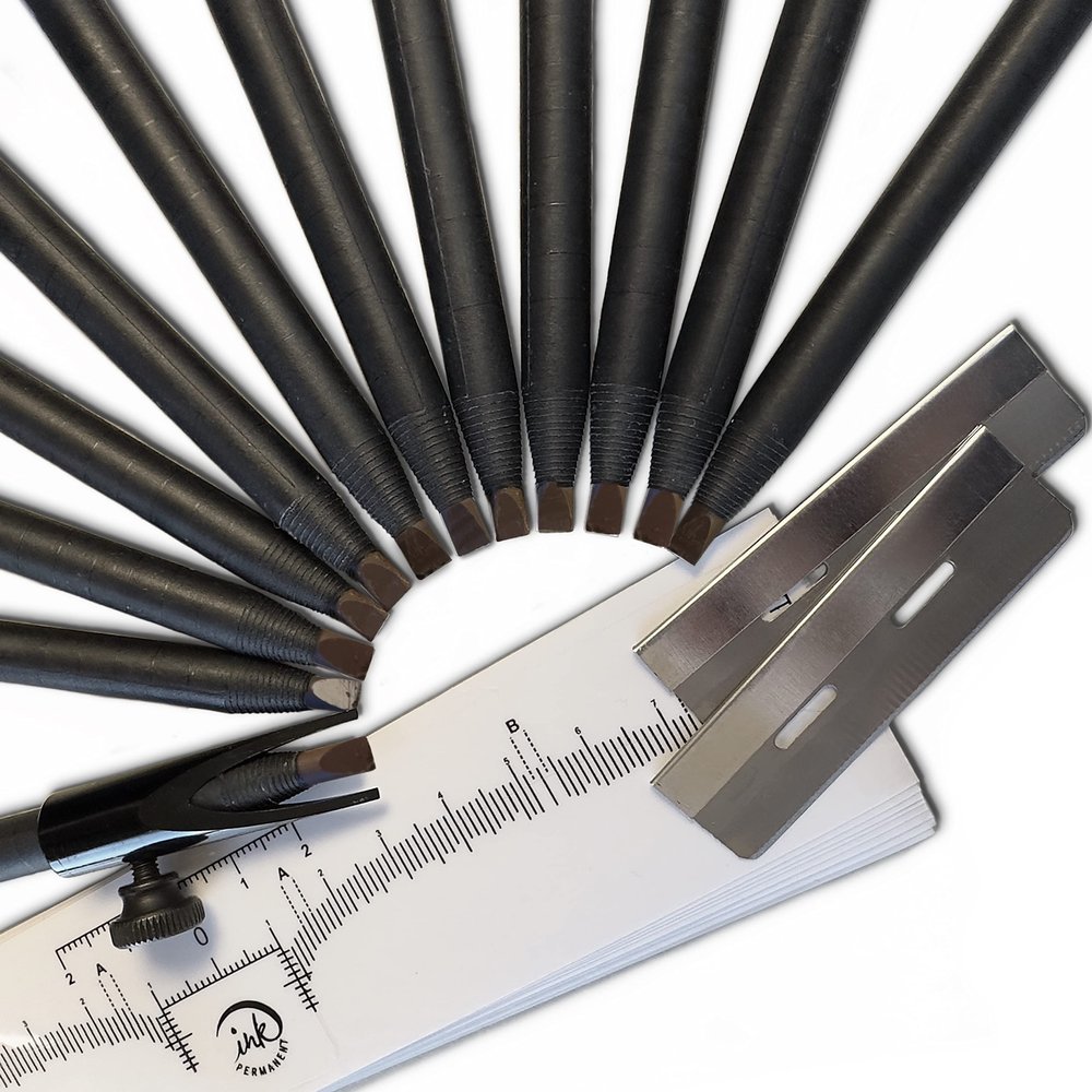 Ink Permanent [12 Pack] Eyebrow & Microblading Pencil, Brow Mapping Kit for Microblading, Permanent Makeup with Eyebrow Pencil Sharpener - Brow Shaper and 10 Ruler (Dark Brown)