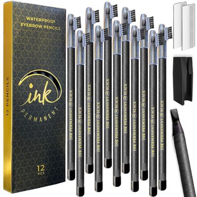 Ink Permanent [12 Pack] Eyebrow & Microblading Pencil, Mapping Kit for Microblading, Permanent Makeup with Eyebrow Pencil Sharpener - Brow Shaper and 10 Brow Ruler (Light Brown)