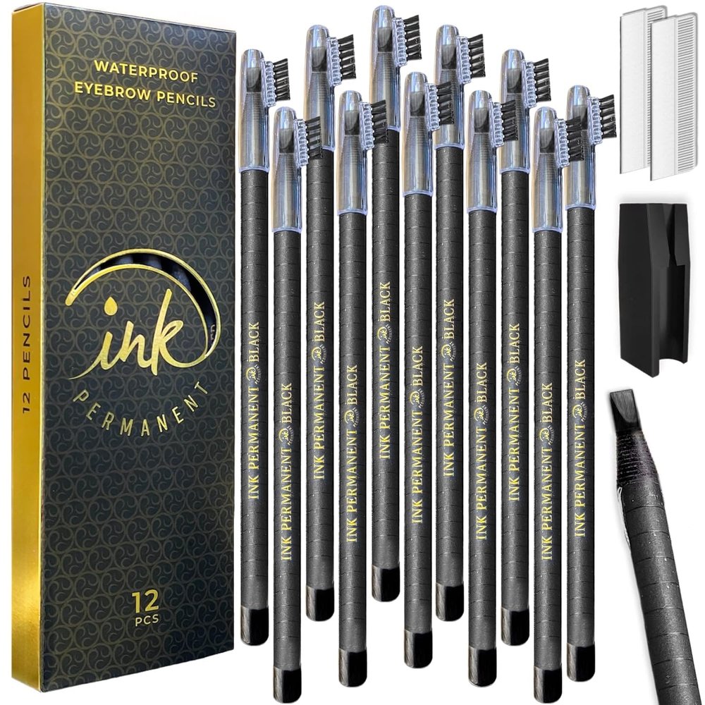 Ink Permanent [12 Pack] Eyebrow & Microblading Pencil, Mapping Kit for Microblading, Permanent Makeup with Eyebrow Pencil Sharpener - Brow Shaper and 10 Brow Ruler (Light Brown)