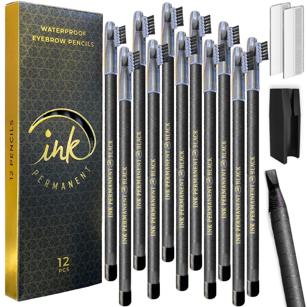 Ink Permanent Waterproof Eyebrow Mapping Pencils for Permanent Makeup, Microblading, and Blades Henna Applications 12 Piece Brow Mapping Peel Off Pencil Set with Shaper/Sharpener (Black)