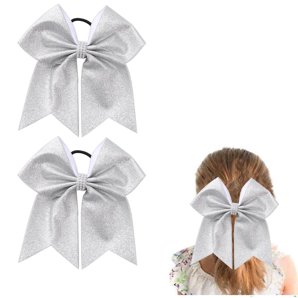 Large Glitter Silver Cheer bow, Hipcheer 8 Inch Large Jumbo Cheer Hair Bows Ponytail Holder Elastic Band Handmade for Cheerleaders Teen Girls College Sports (Glitter Silver)