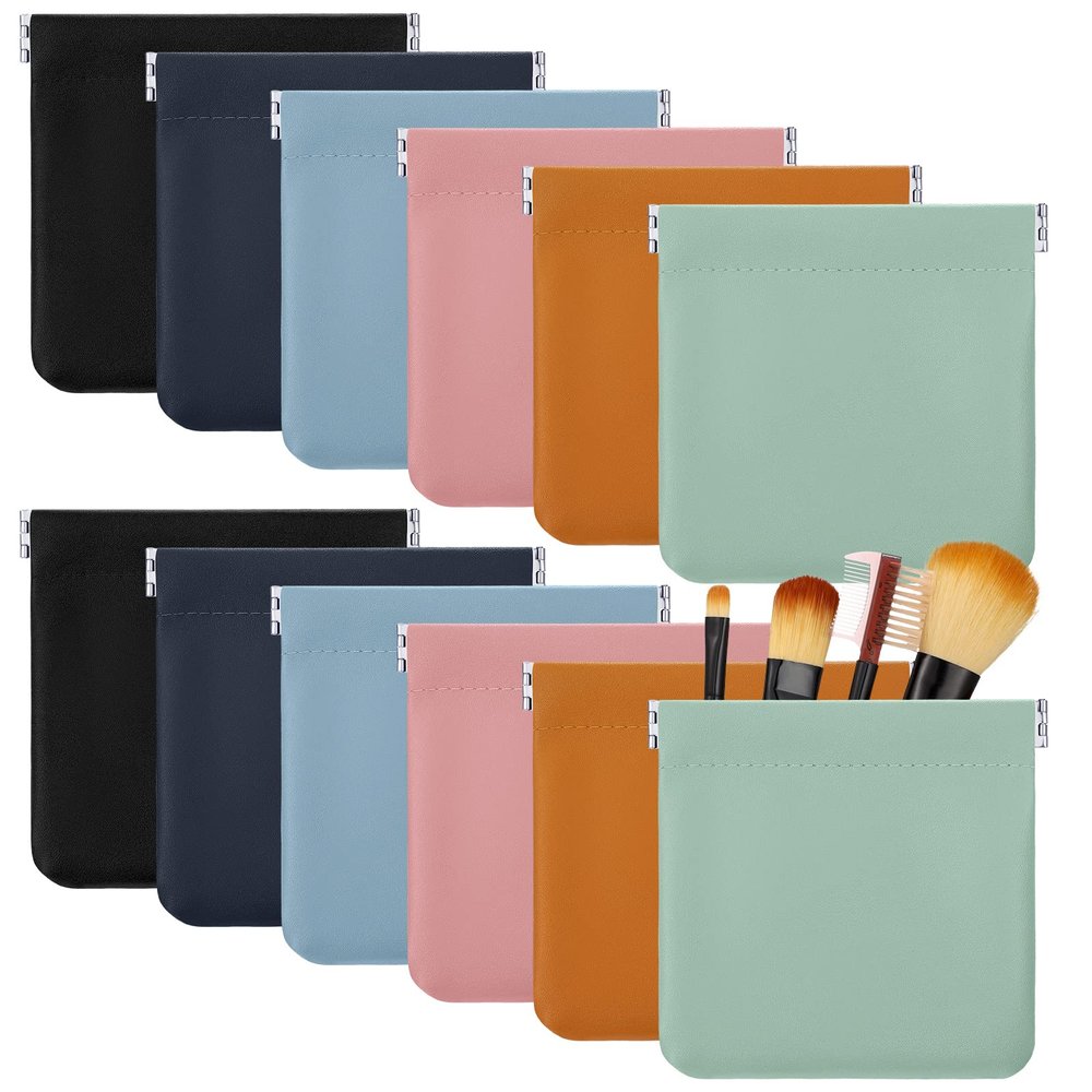 12 Pcs Lambskin Pocket Cosmetic Bag Waterproof No Zipper Self Closing Makeup Bag PU Leather Cosmetic Pouch Cute Purse Makeup Bag Travel Storage for Women Cosmetics Jewelry Toiletry (Retro Color)