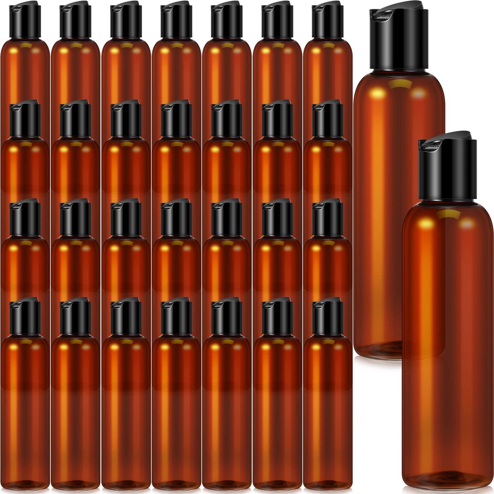 Mimorou 30 Pack Amber Empty Bottles Plastic Squeeze Bottles with Disc Top Flip Cap Small Empty Travel Squeeze Bottle for Lotions Liquid Body Soap Conditioner Creams(6.8 oz)