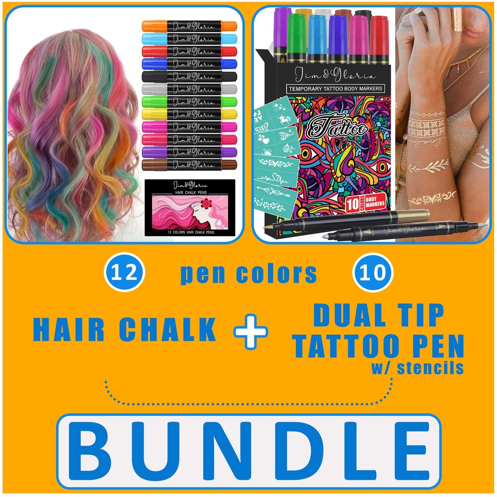 Jim&Gloria Dustless Hair Chalk 12 colors Plus Temporary Fake Tattoo Pen 10 colors