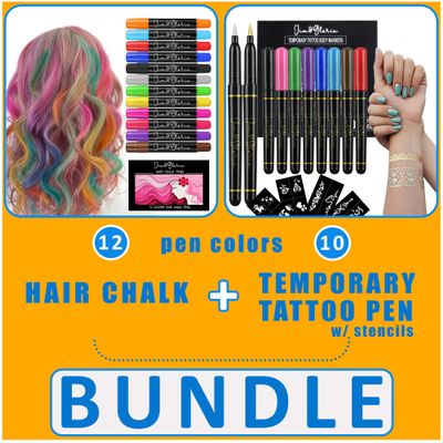 Jim&Gloria Dustless Hair Chalk 12 colors Plus Temporary Fake Tattoo Pen 10 colors with Gold and Silver colors