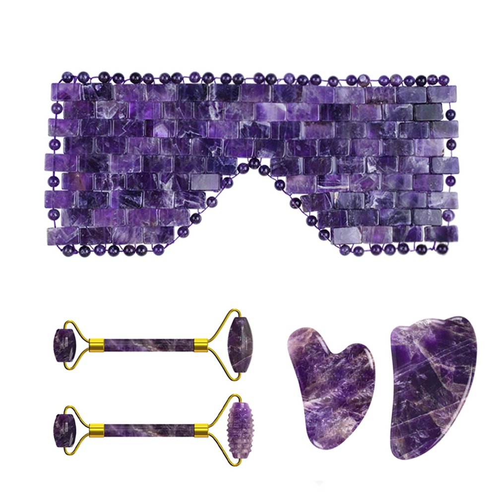 Amethyst Jade Roller Gua Sha Board for Face Lifting Natural Purple Crystal Eye Mask Facial Skin Care Tool,5in1 Set A