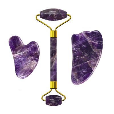 Amethyst Jade Roller Gua Sha Board for Face Lifting Natural Purple Crystal Eye Mask Facial Skin Care Tool,Set-Pu-VLY