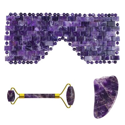 Amethyst Jade Roller Gua Sha Board for Face Lifting Natural Purple Crystal Eye Mask Facial Skin Care Tool,3in1 Set-Pu-YL