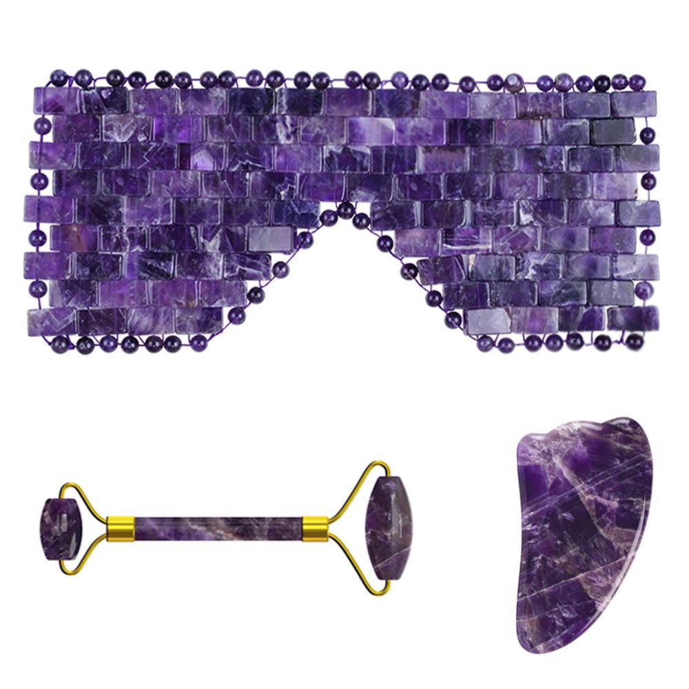 Amethyst Jade Roller Gua Sha Board for Face Lifting Natural Purple Crystal Eye Mask Facial Skin Care Tool,3in1 Set-Pu-YL