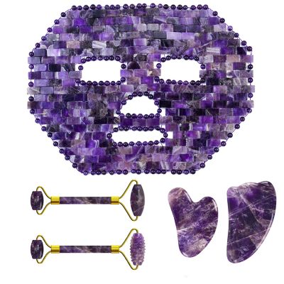 Amethyst Jade Roller Gua Sha Board for Face Lifting Natural Purple Crystal Eye Mask Facial Skin Care Tool,5in1 Set B