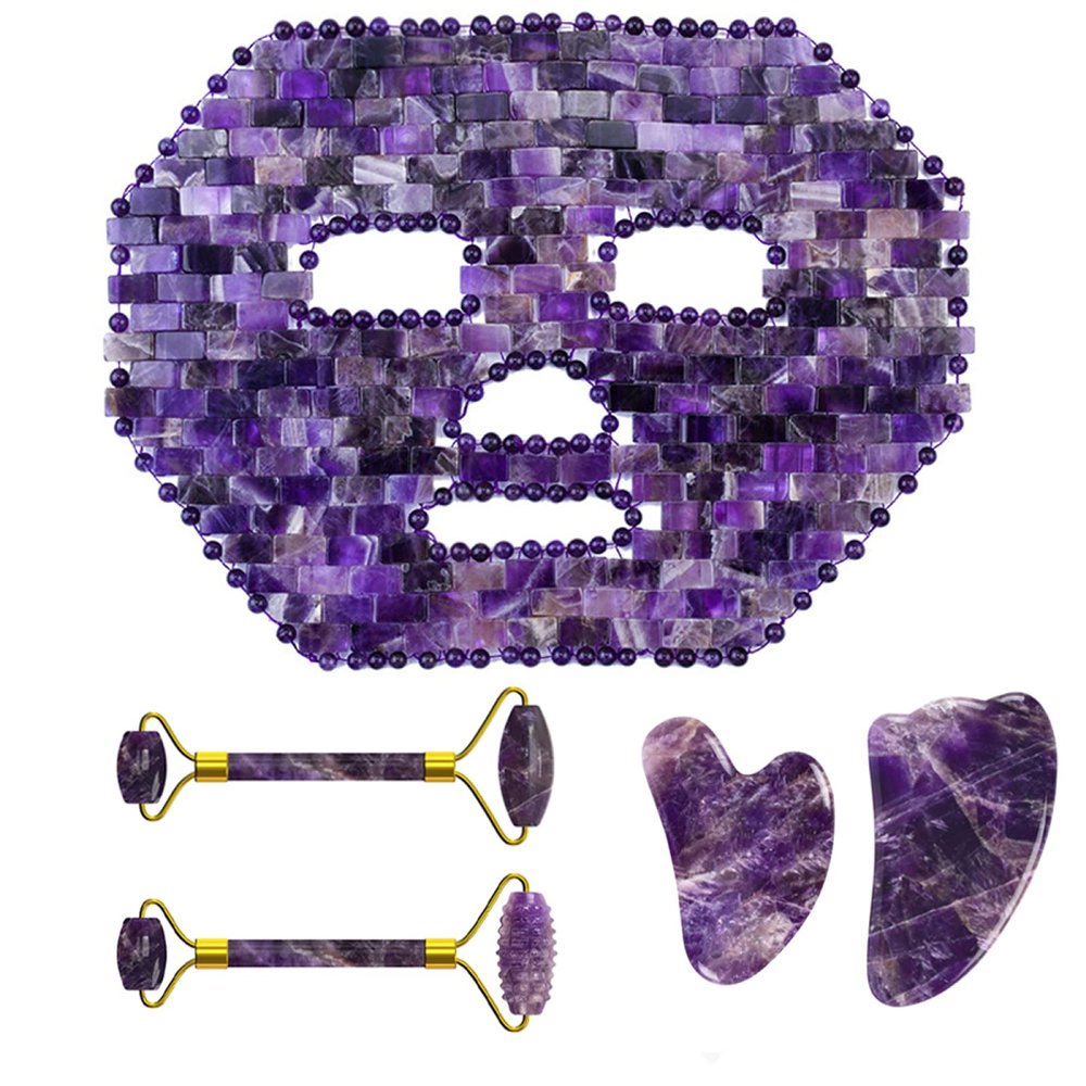 Amethyst Jade Roller Gua Sha Board for Face Lifting Natural Purple Crystal Eye Mask Facial Skin Care Tool,5in1 Set B