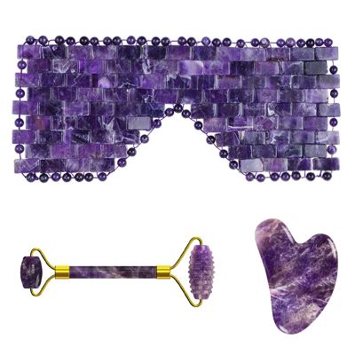 Amethyst Jade Roller Gua Sha Board for Face Lifting Natural Purple Crystal Eye Mask Facial Skin Care Tool,3in1 Set-Ci-VL