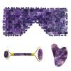 Amethyst Jade Roller Gua Sha Board for Face Lifting Natural Purple Crystal Eye Mask Facial Skin Care Tool,3in1 Set-Ci-VL view 1