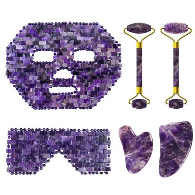 Amethyst Jade Roller Gua Sha Board for Face Lifting Natural Purple Crystal Eye Mask Facial Skin Care Tool,6in1 Set