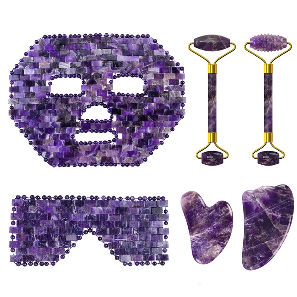 Amethyst Jade Roller Gua Sha Board for Face Lifting Natural Purple Crystal Eye Mask Facial Skin Care Tool,6in1 Set