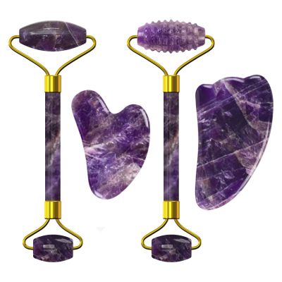 Amethyst Jade Roller Gua Sha Board for Face Lifting Natural Purple Crystal Eye Mask Facial Skin Care Tool,4in1 Set