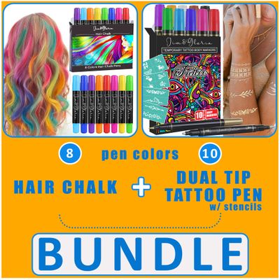 Jim&Gloria Dustless Hair Chalk 8 colors Plus Temporary Fake Tattoo Dual Tip with Gold and Silver 10 colors